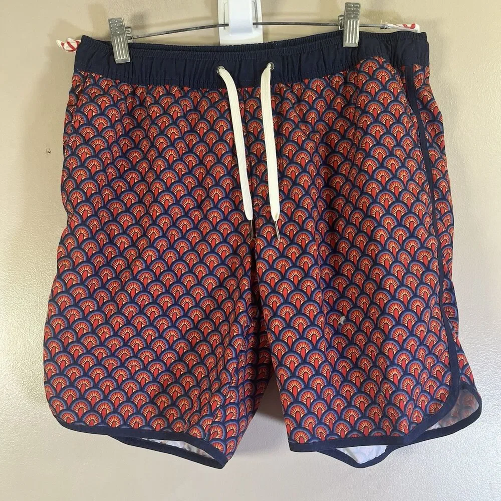 Fair Harbor Anchor Shorts Men’s Small Red Geometric Deco Lined Swim Trunks